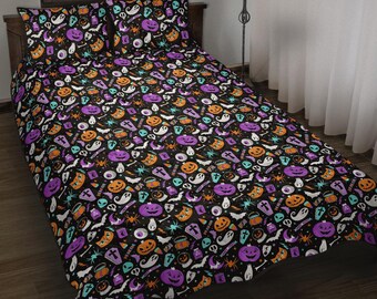 Halloween Quilted Bed Set, Halloween Bedding, Spooky Quilted Bed Set, Gothic Quilted Bed Set, Halloween Bed Set