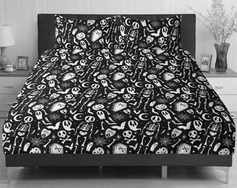 Spooky Halloween Duvet Cover Set, Gothic Skeleton Bedding