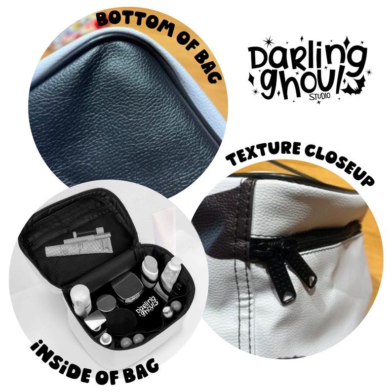 May include: A black and white makeup bag with a zipper closure. The bag is open and filled with various makeup and skincare products. The bag has a black and white checkered pattern and the text "Darling Ghoul Studio" is printed on the bag.