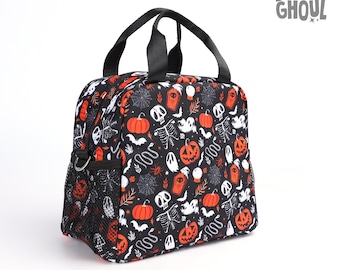 Spooky Halloween Lunch Bag, Pumpkin Skeleton Print