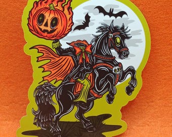 Spooky Headless Horseman Vinyl Sticker, Moon Bats Pumpkin Tablet Laptop E-Reader Decal, Halloween Car Mug Tumbler Sticker