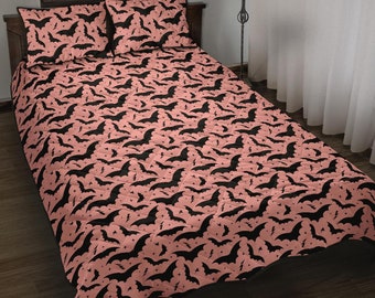 Bats and Stars Quilted Bed Set, Halloween Quilt, Halloween Bedding, Spooky Quilted Bed Set, Gothic Bedding, Bat Quilted Bedding