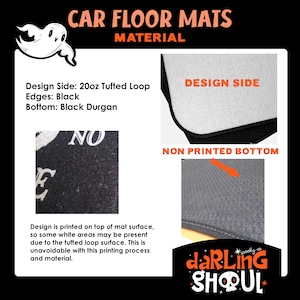 May include: Car floor mats with a black and white design printed on a tufted loop surface. The design side is white with black edges and the non-printed bottom is black. The text "Design Side" and "Non Printed Bottom" is printed in red on the image.