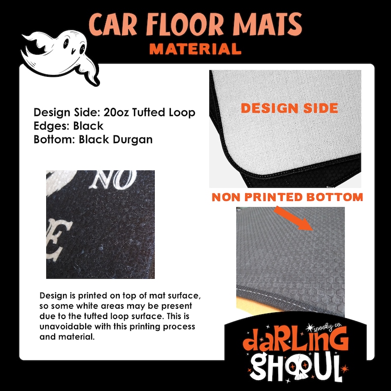May include: Car floor mats with a black and white design printed on a tufted loop surface. The design side is white with black edges and the non-printed bottom is black. The text "Design Side" and "Non Printed Bottom" is printed in red on the image.