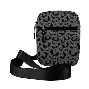 Gothic Bat Crossbody Purse, Gray Black Gothic Halloween Purse, Goth Accessory Crossbody Purse, Spooky Witchy Goth Bats Crossbody Bag