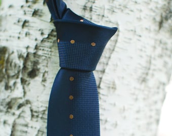 Blue Dot Skinny Tie 2.36" (6cm) | skinny tie | polka dot tie | panel tie | wedding tie | groom | groomsman | blue tie with copper dots