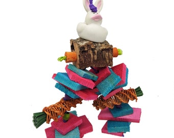 Easter Bird Toy, Spring Parrot Toy with pine, vine, cork, and vinyl rabbit, Peter