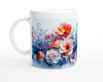 Handcrafted Watercolor Floral Ceramic 11oz Mug Design #5 - Unique Flower Coffee Mug, Gift for Tea & Coffee Lovers