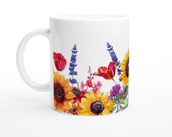 Handcrafted Watercolor Floral Ceramic 11oz Mug Design #2 - Unique Flower Coffee Mug, Gift for Tea & Coffee Lovers