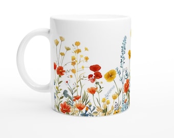 Handcrafted Watercolor Floral Ceramic 11oz Mug Design #1 - Unique Flower Coffee Mug, Gift for Tea & Coffee Lovers