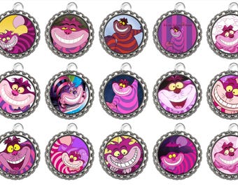 15 Cheshire Cat Bottle Cap Necklaces Set #1