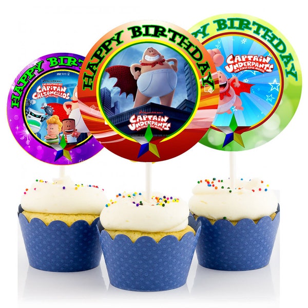 12 Captain Underpants Birthday Cupcake Toppers Set #1