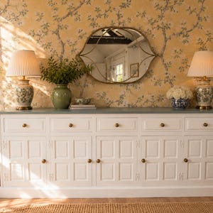 Hand-Painted Sideboard, Warm White Duck Egg Blue Top, Brass Knobs, English Country Farmhouse Buffet