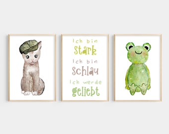 Kinderzimmer Bilder Set mit Affirmationen für Kinder, Poster Kinder Babyzimmer, Kinder Affirmation Poster Frosch Katze