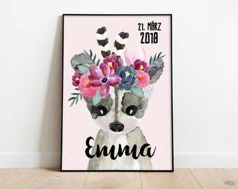 A3 Waschbär Poster mit Name, Waschbär Mädchen, Kinderzimmer Deko