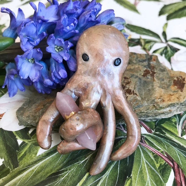 Brosche Octopus mit Rosenquarz, Schmuckstück mit Rosenquarz