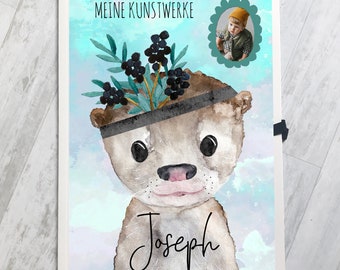 Sammelmappe A3 personalisiert mit Namen und Foto, Zeichenmappe Erinnergungsmappe Kunstwerke A3 Otter Junge