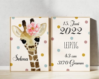 Giraffe Mädchen Kinderzimmer Bilder Set, Poster personalisiert mit Namen und Geburtsdaten