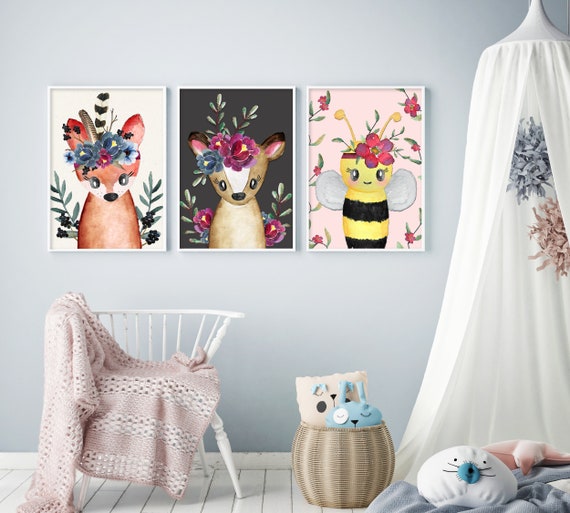 Poster Set Madchen Boho Kinderzimmer Bilder Fuchs Reh Biene Etsy