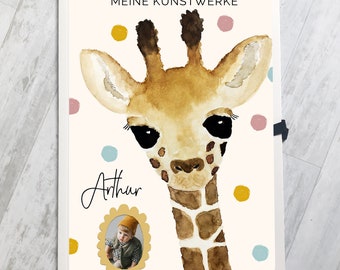 Sammelmappe A3 personalisiert mit Namen und Foto, Zeichenmappe Erinnergungsmappe Kunstwerke A3 Giraffe Junge