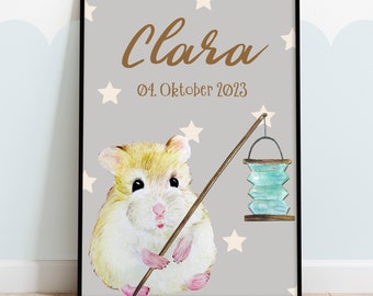 Hamster children's room picture poster with name, children's room decoration personalized, gift for a birth