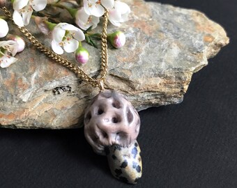 Necklace with mushroom pendant and real Dalmatian jasper