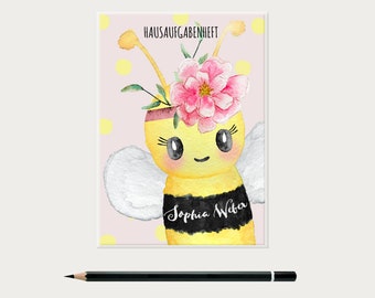 Bee homework book cover with name, primary school back to school gift