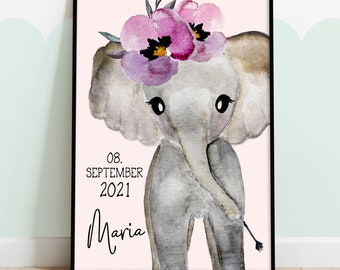 Kinderzimmer Bild Name, Babyzimmer, Geschenk Geburt, Elefant Mädchen