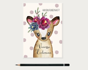 Deer girl homework book cover with name, back to school elementary school gift idea