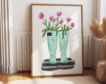 Mural Poster Rubber Boots with Flowers Watercolor