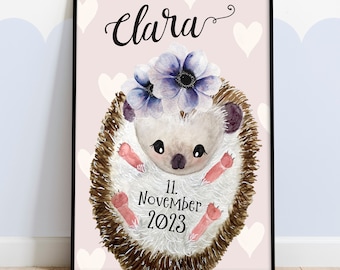 Hedgehog children's room picture personalized with name, girls hedgehog poster