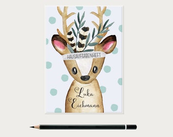 Deer homework book cover with name, back to school elementary school gift idea