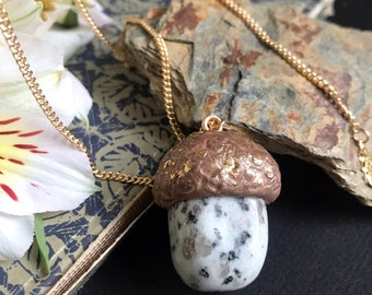 Necklace with acorn pendant, kiwi jasper jewelry