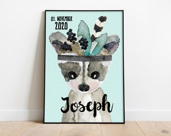 A3 Waschbär Poster mit Name, Waschbär Junge, Kinderzimmer Deko