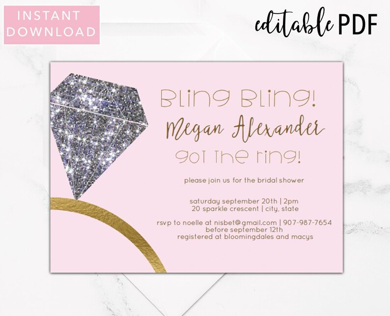 INSTANT DOWNLOAD Printable Diamond Ring Bridal Shower Invitation 5x7 Editable Text