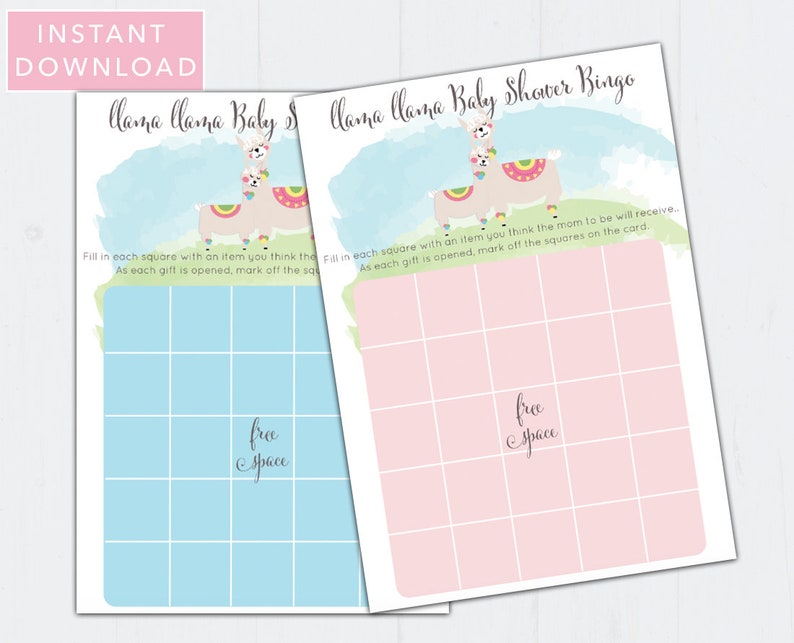 INSTANT DOWNLOAD and Printable Llama Baby Shower Bingo Cards