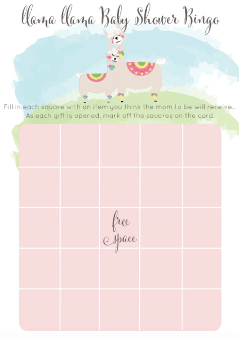 INSTANT DOWNLOAD and Printable Llama Baby Shower Bingo Cards