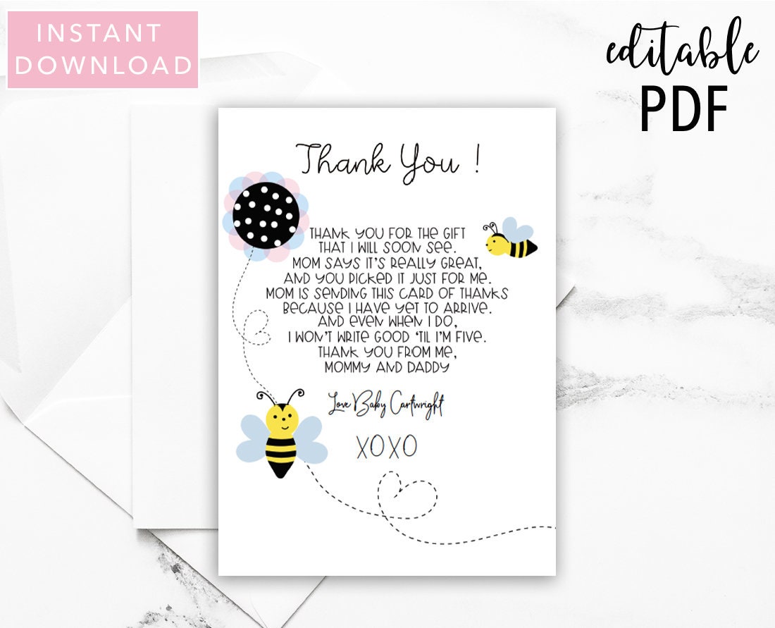 Bee Baby Shower Thank You Template, Baby Shower Thank You Cards, 22"x22",  INSTANT DOWNLOAD, Editable Text and Printable Intended For Thank You Note Template Baby Shower