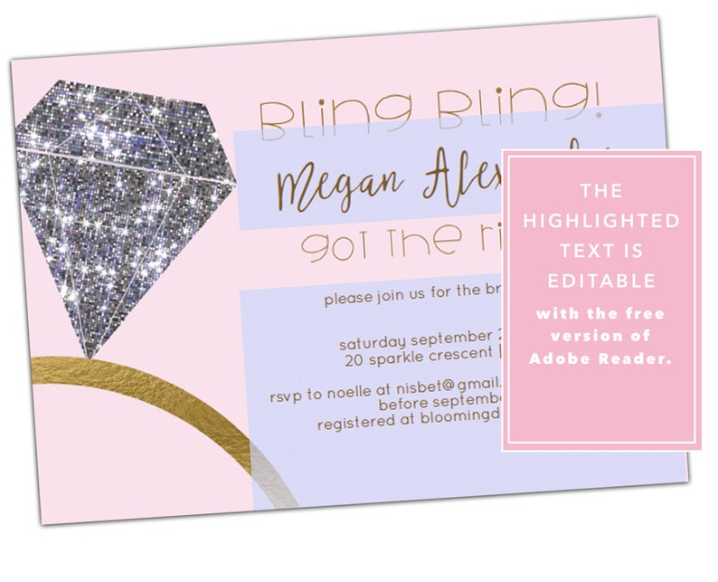 INSTANT DOWNLOAD Printable Diamond Ring Bridal Shower Invitation 5x7 Editable Text
