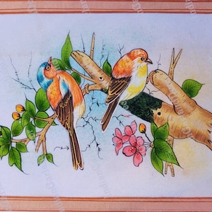 Birds Painting Hand Painting on silk cloth with water color Green Color Painting Beautiful Abstract Decorative Painting Bohemian Wildlife