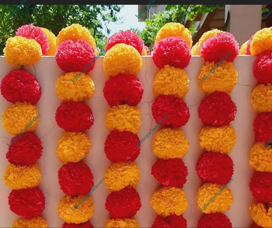 Marigold Rope Pair of 2 Strings Marigold Flower With Woolen Pompom Gota Circle and ...