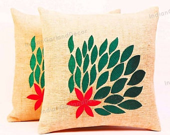 Fundas de cojín Suzani indias hechas a mano, fundas de almohada decorativas de lana bordadas a mano con pompones, cojines cuadrados coloridos de estilo vintage.