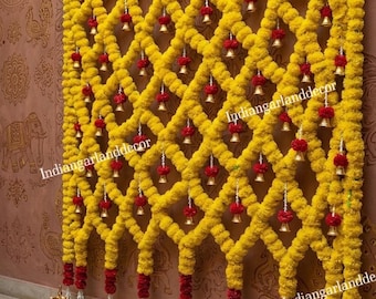8X8 Feet Artificial Marigold Flower With Bells Net Backdrop Decoration Indian Curtain full Setup with Express Shipping Wedding Decoration