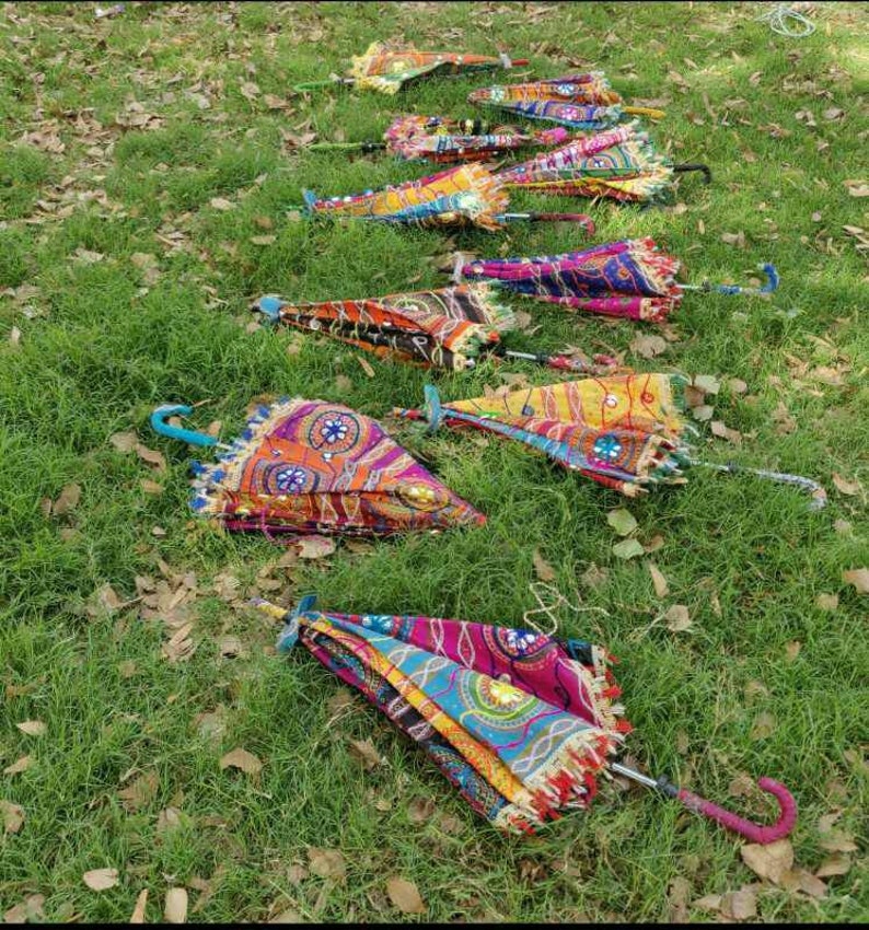 5 Pieces Lot Traditional Design Indian Wedding Umbrella Decoration Vintage Parasols Folding Canopy Handmade Embroidered Umbrella Christmas image 6