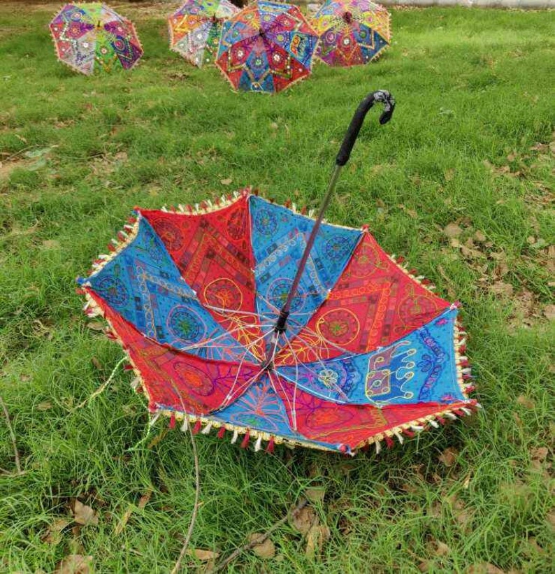 5 Pieces Lot Traditional Design Indian Wedding Umbrella Decoration Vintage Parasols Folding Canopy Handmade Embroidered Umbrella Christmas image 10