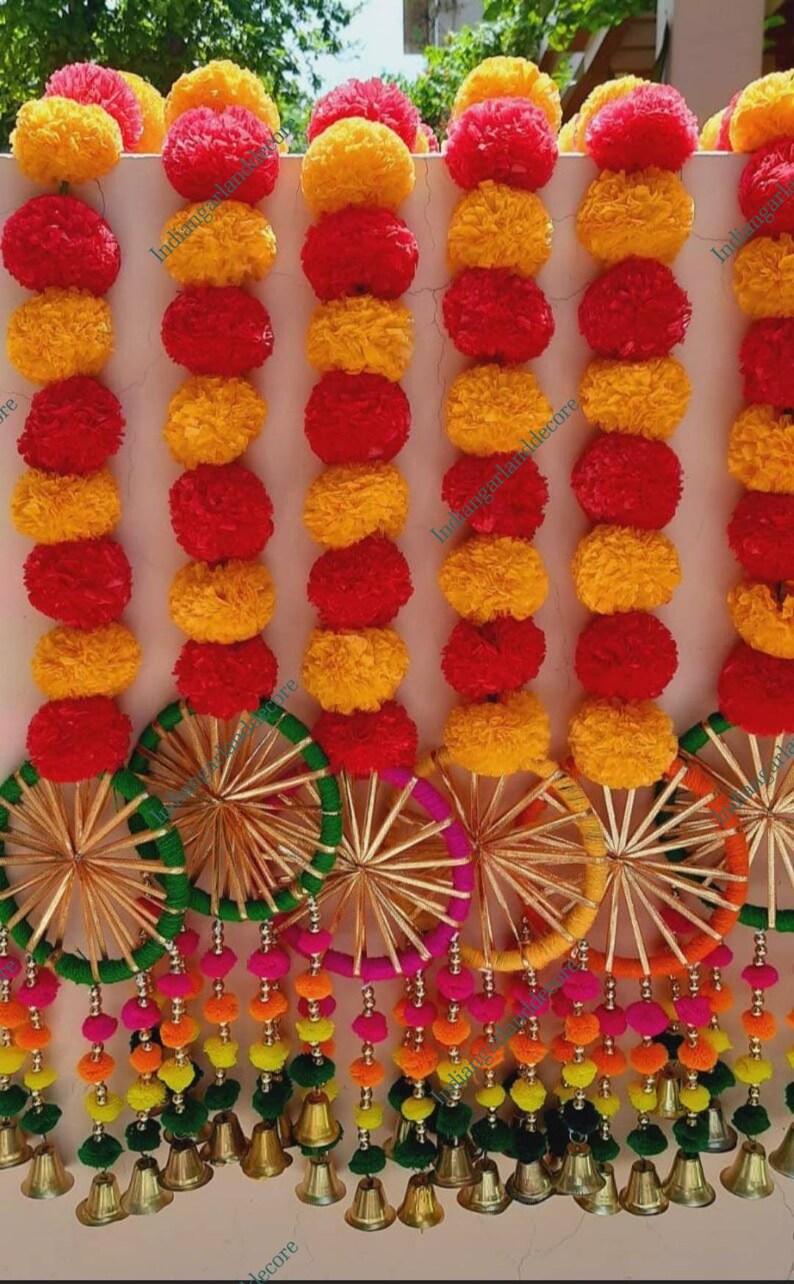 Marigold Rope Pair of 2 Strings Marigold Flower With Woolen Pompom Gota Circle and ...