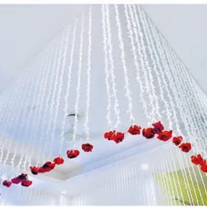 May include: White beaded strings with red rose accents hanging from a ceiling. The strings are arranged in a cascading pattern, creating a decorative backdrop.
