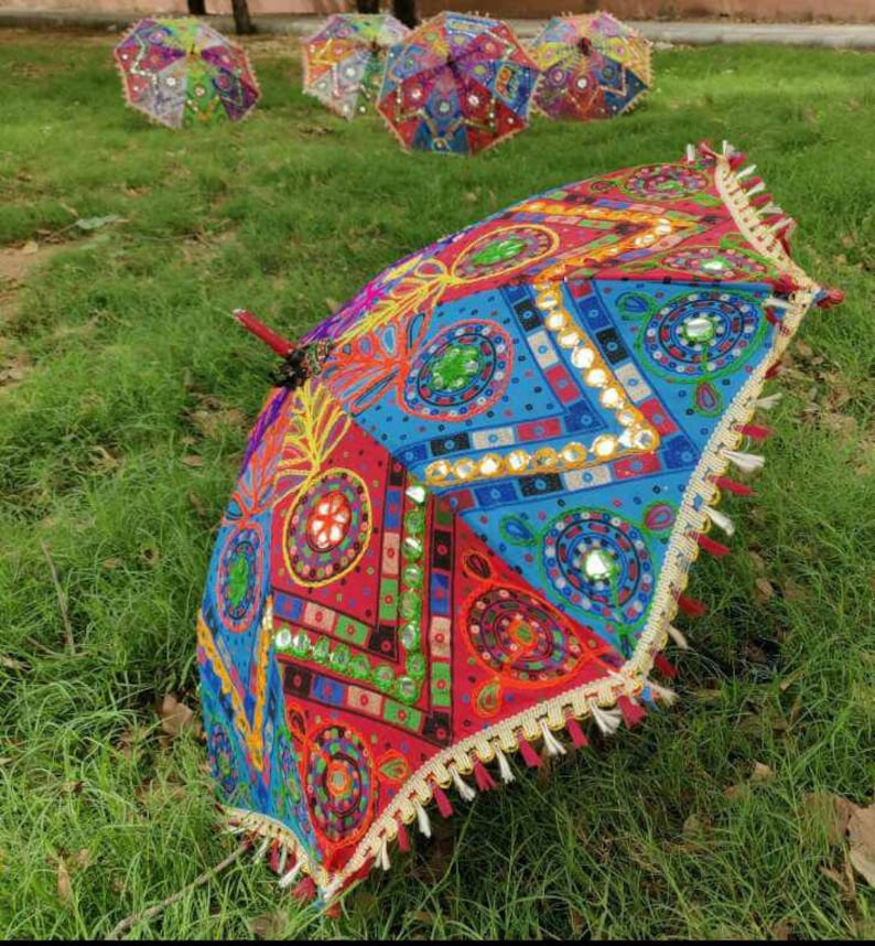 5 Pieces Lot Traditional Design Indian Wedding Umbrella Decoration Vintage Parasols Folding Canopy Handmade Embroidered Umbrella Christmas image 8