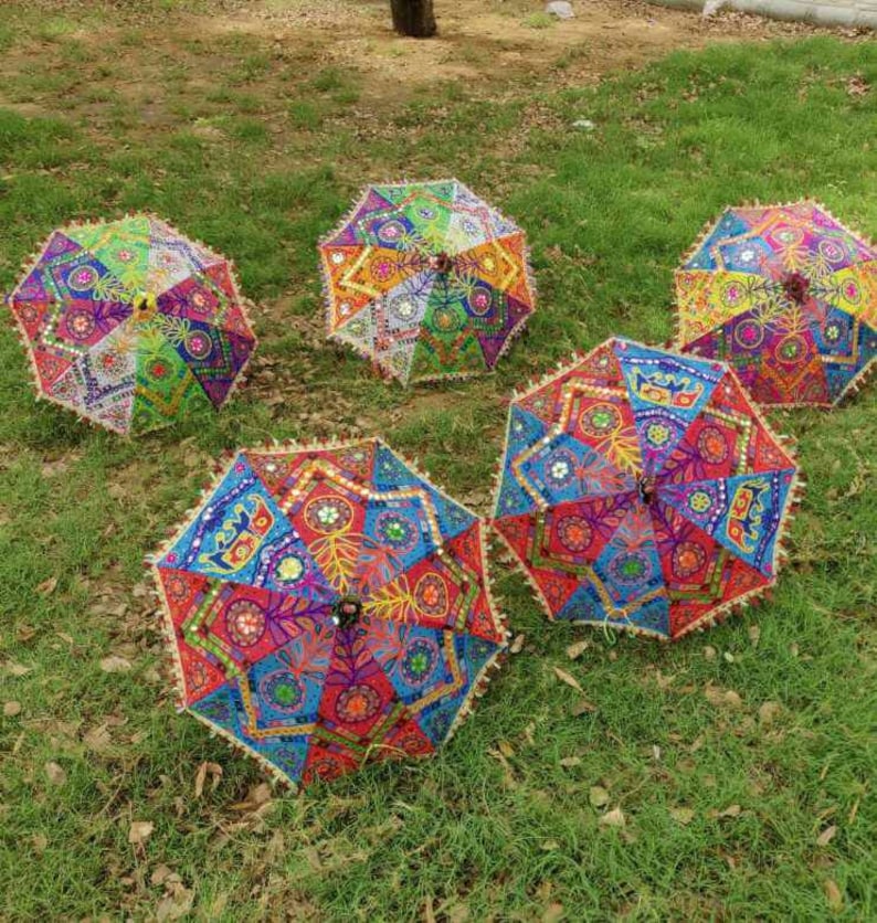 5 Pieces Lot Traditional Design Indian Wedding Umbrella Decoration Vintage Parasols Folding Canopy Handmade Embroidered Umbrella Christmas image 2