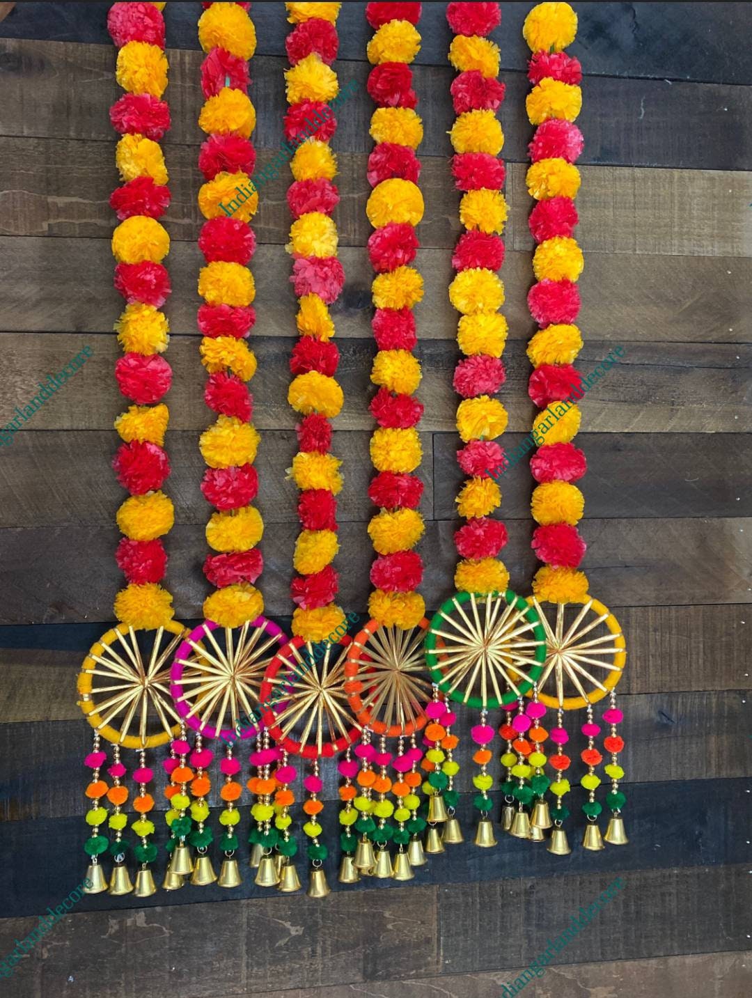 Marigold Rope Pair of 2 Strings Marigold Flower With Woolen Pompom Gota Circle and ...
